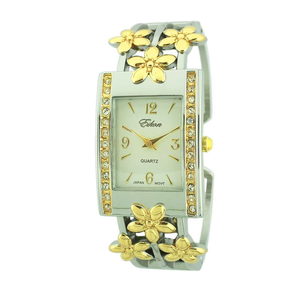 Rectangle Face Cuff Watch with Flower Shape Print