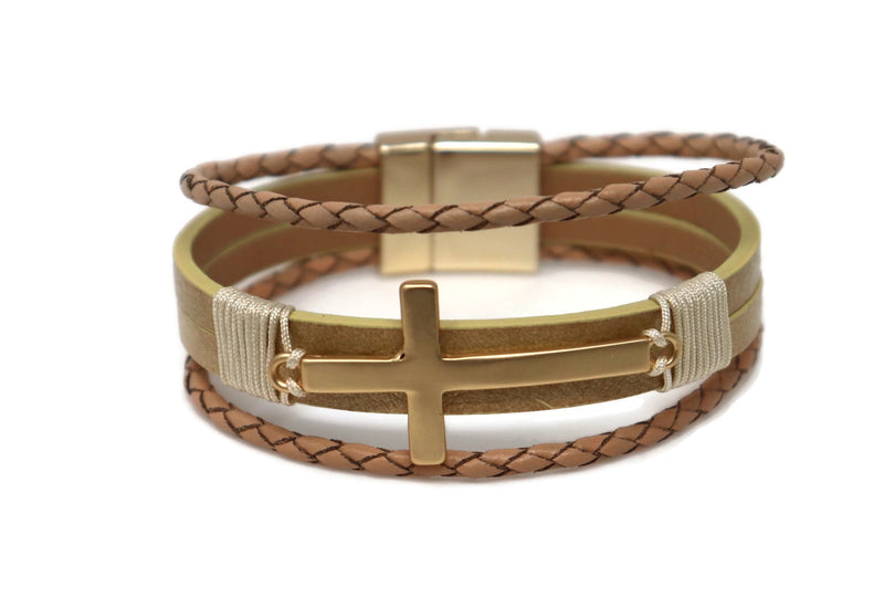 Leather matte finish cross Magnetic Clasp Bracelet