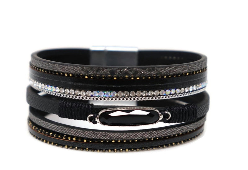 Multiple Layers Crystal Strap Leather Necklace Magnetic Clasp
