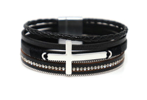 Leather crystal and matte finish silver cross Magnetic Clasp Bracelet