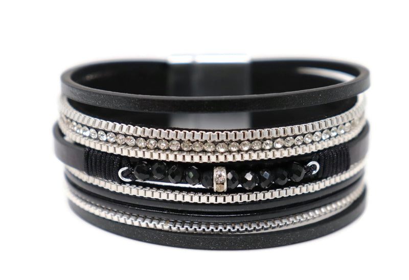 Crystal Beads Leather Magnetic Clasp Bracelet