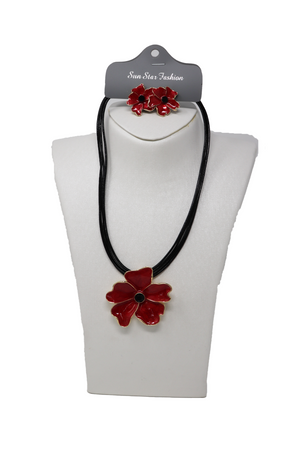 Crystal Flower Design with Leather Chain Necklace Set