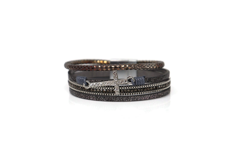 Leather with a medium cross crystal Magnetic Clasp Narrow Bracelet