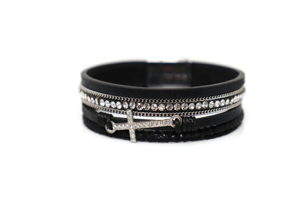 Leather with a medium cross crystal Magnetic Clasp Narrow Bracelet