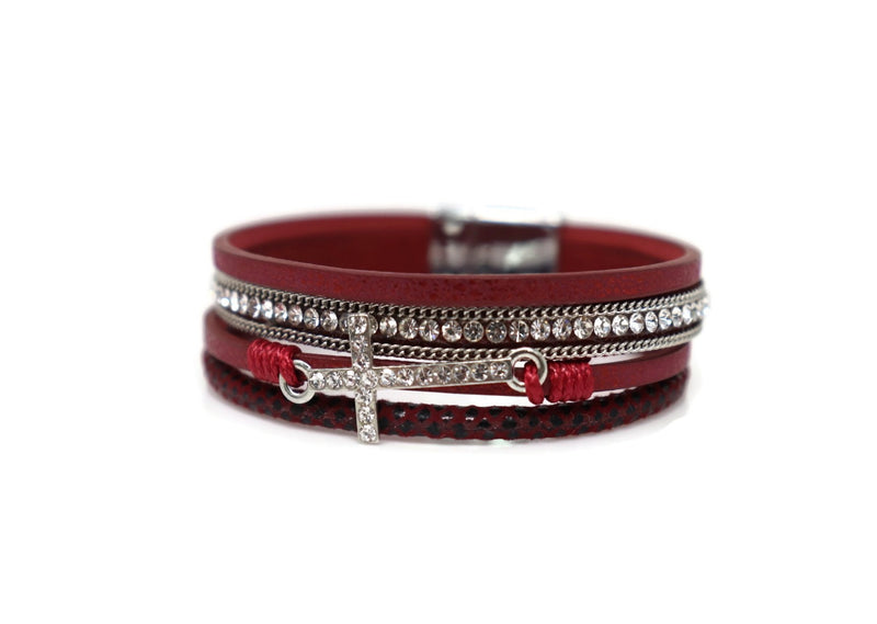 Leather with a medium cross crystal Magnetic Clasp Narrow Bracelet