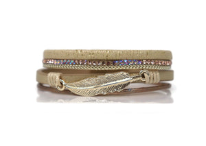 Leather Crystal Feather Charm Magnetic Clasp Narrow Bracelet