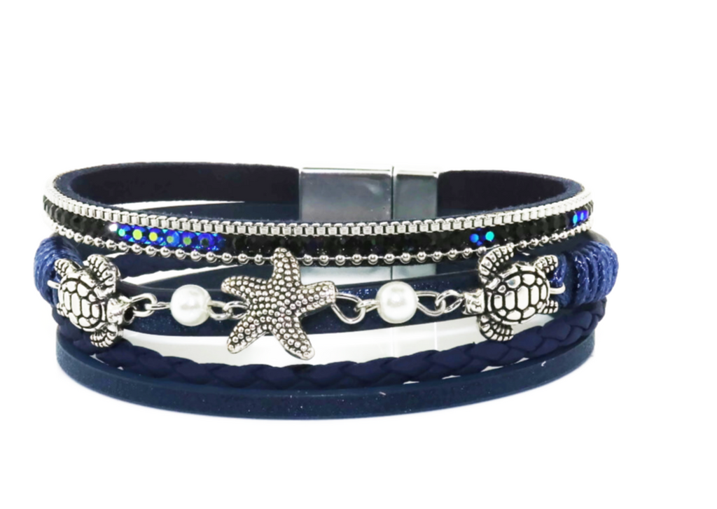 "Starfish and turtle" Leather Magnetic Bracelet