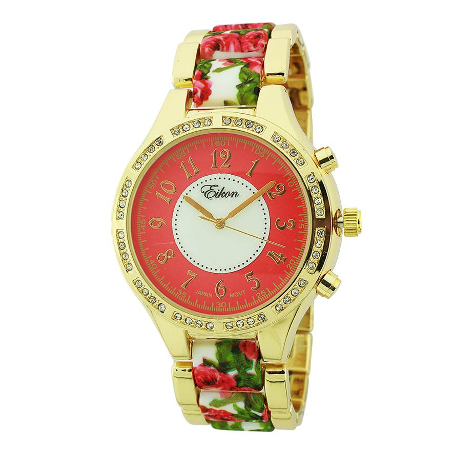 Round Face Arabic Link Watch With Flower Print(Gold)