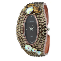 GLITTER CRYSTAL STONES OVAL FACE FLOWER STONE CUFF WATCH COLLECTION