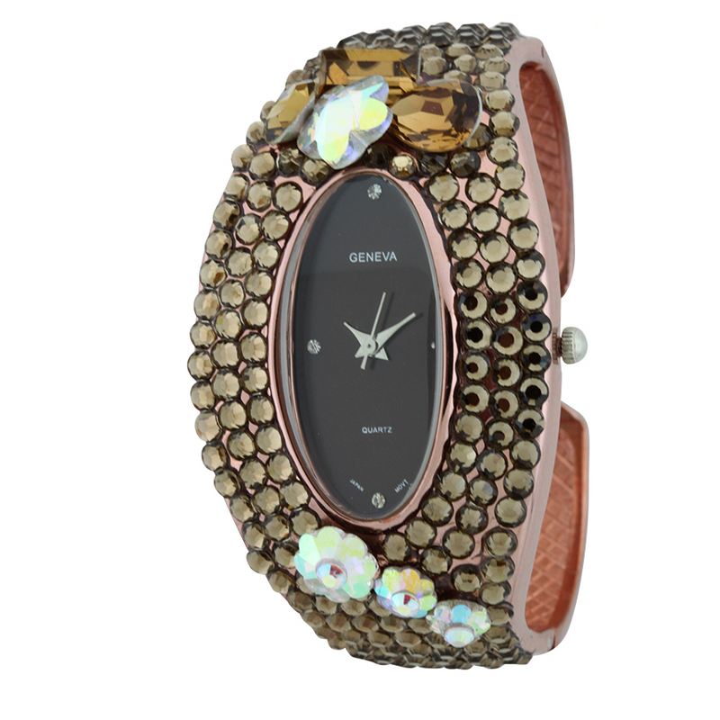 GLITTER CRYSTAL STONES OVAL FACE FLOWER STONE CUFF WATCH COLLECTION