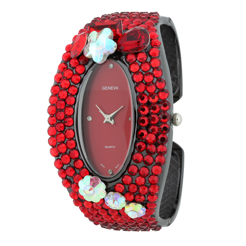 GLITTER CRYSTAL STONES OVAL FACE FLOWER STONE CUFF WATCH COLLECTION