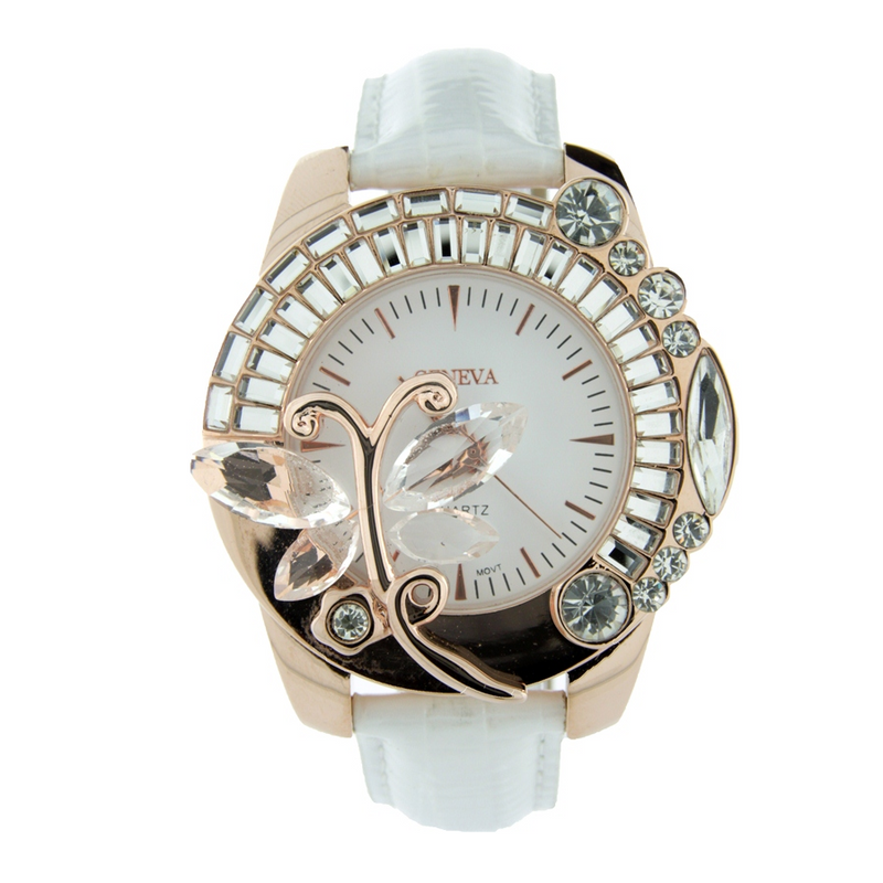 FANCY LEATHER STRAP LADY WATCH WITH BUTTERFLY CRYSTAL ON THE DIAL
