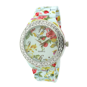 Round Face With Stones Floral Print Ceramic Look Link Watch.