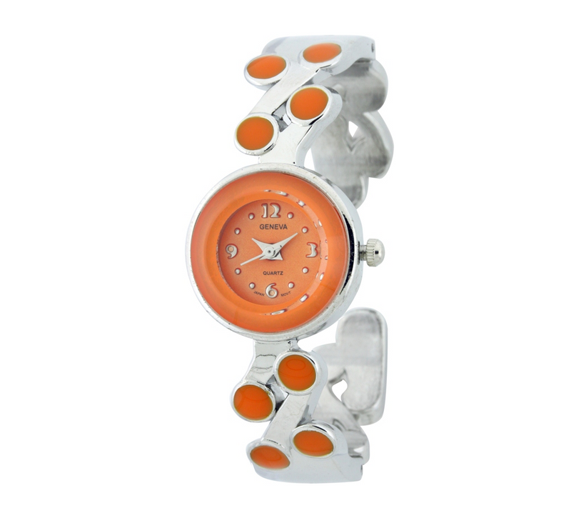 SMALL ROUND FACE CUFF WATCH WITH DOTS SOLID COLOR ON BAND.