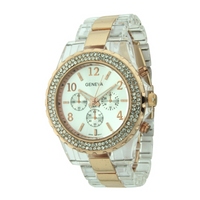 ROUND FACE WITH DOUBLE CRYSTAL STONE AROUND THE DIAL, FASHION PLASTIC BAND WATCH