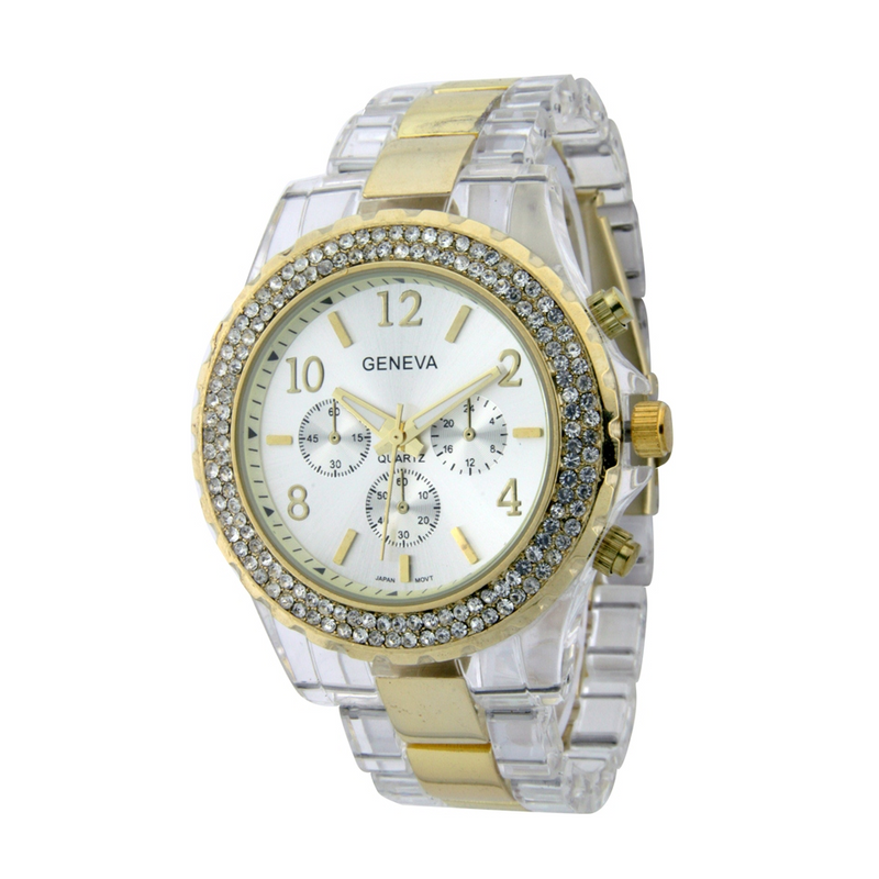 ROUND FACE WITH DOUBLE CRYSTAL STONE AROUND THE DIAL, FASHION PLASTIC BAND WATCH（SILVER）