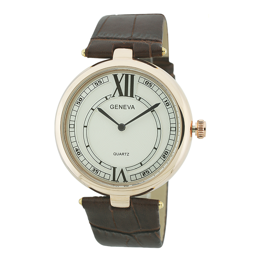 Round Face Leather Band Watch