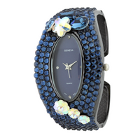 GLITTER CRYSTAL STONES OVAL FACE FLOWER STONE CUFF WATCH COLLECTION