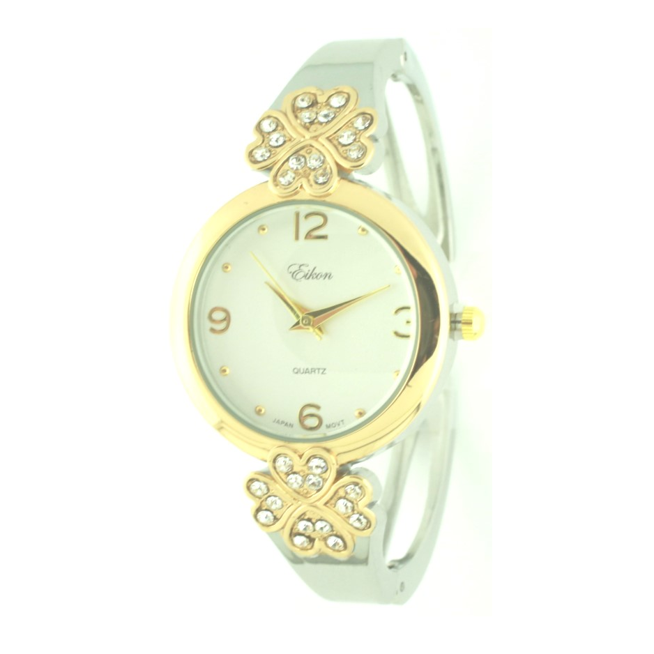 Round Face Arabic & Heart with Crystals Stones Cuff Watch.