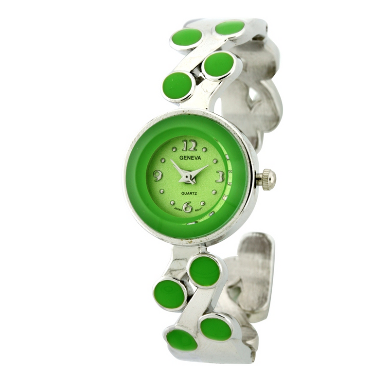 SMALL ROUND FACE CUFF WATCH WITH DOTS SOLID COLOR ON BAND.