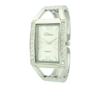 Rectangle Face Arabic & Stick Cuff Watch With Stones Around Dial.