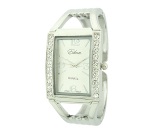 Rectangle Face Arabic & Stick Cuff Watch With Stones Around Dial.
