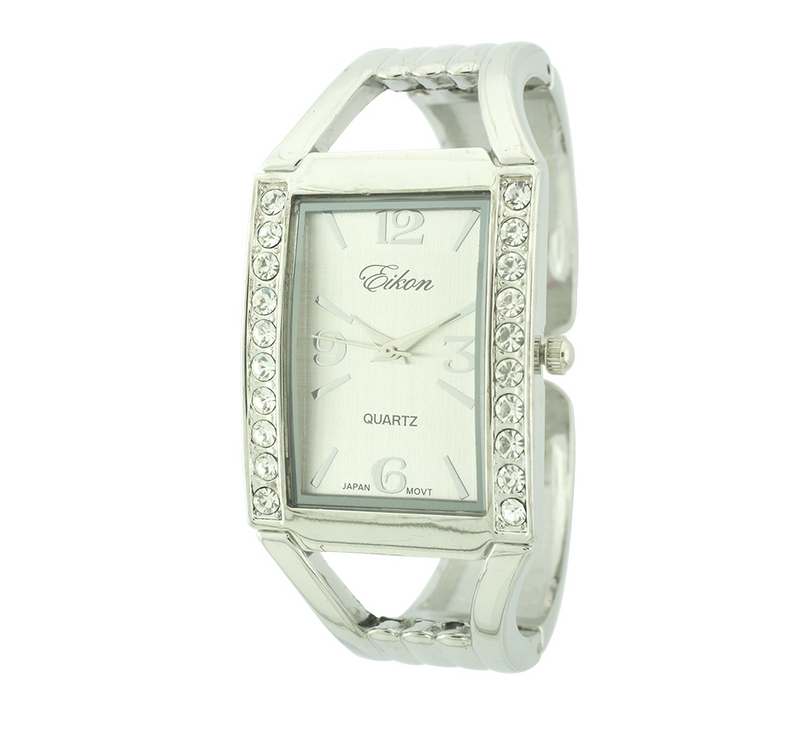 Rectangle Face Arabic & Stick Cuff Watch With Stones Around Dial.