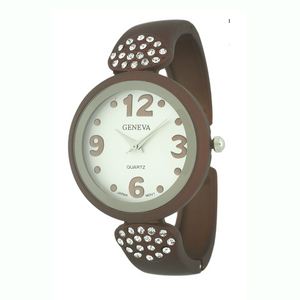 Small Round Face with Stones on Portion Band Matte Finish Lady Cuff Watch