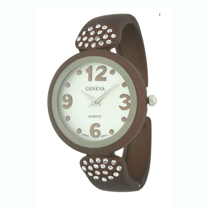 Small Round Face with Stones on Portion Band Matte Finish Lady Cuff Watch