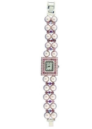 SQUARE FACE WITH CRYSTAL AROUND, 2 ROWS OF PEARLS BRACELET WATCH