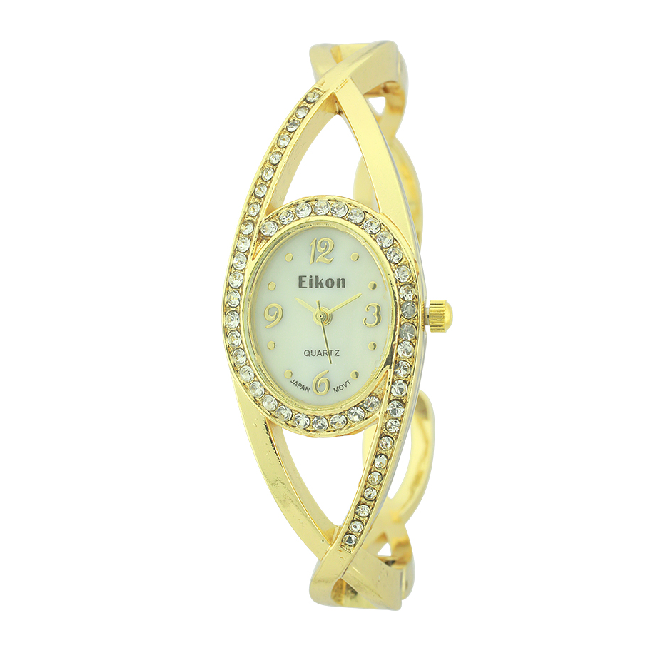 Oval Face Cuff Watch With Stones On Dial.