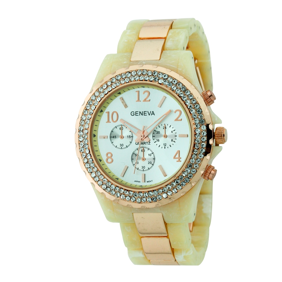 ROUND FACE WITH DOUBLE CRYSTAL STONE AROUND THE DIAL, FASHION PLASTIC BAND WATCH（SILVER）