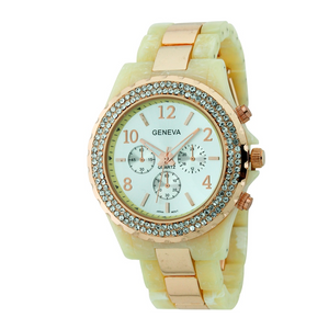 ROUND FACE WITH DOUBLE CRYSTAL STONE AROUND THE DIAL, FASHION PLASTIC BAND WATCH（SILVER）