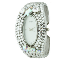 GLITTER CRYSTAL STONES OVAL FACE FLOWER STONE CUFF WATCH COLLECTION