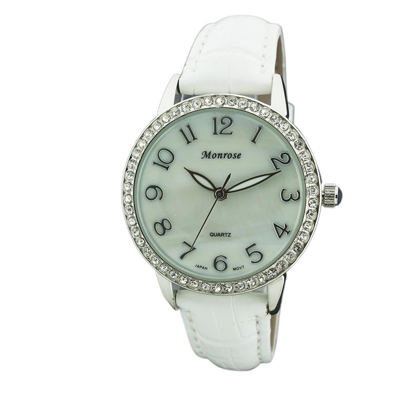 Round Face Arabic Leather Strap Watch, Mother of Pearl and Stones Dial