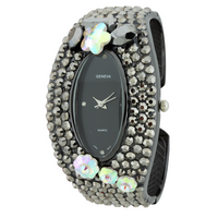 GLITTER CRYSTAL STONES OVAL FACE FLOWER STONE CUFF WATCH COLLECTION