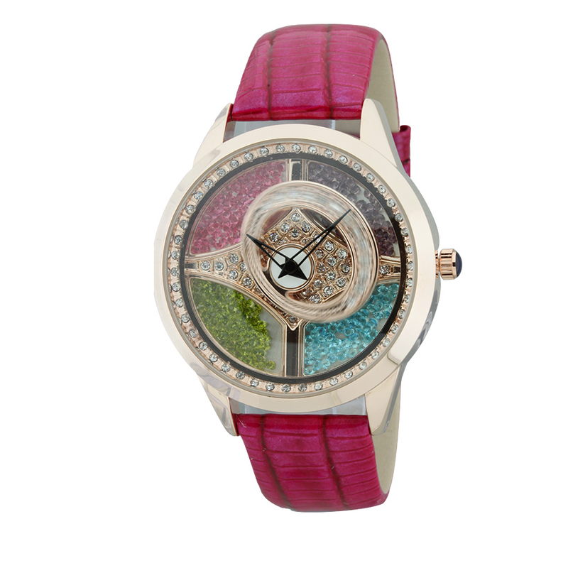 4 COLOR FALLING STONES WITH SPINNING OVAL AND GENUINE LEATHER WATCH.