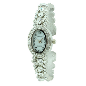 OVAL FACE FANCY CUFF WATCH WITH STONES AROUND（Silver）