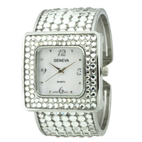 SQUARE FACE GLITTER ROUND STONES FANCY CUFF WATCH