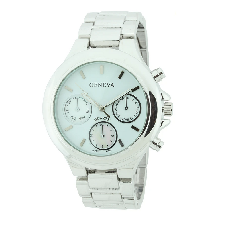 BIG ROUND DIAL WOMEN LINK WATCH. MOP FACE AND 3 MINI FACES