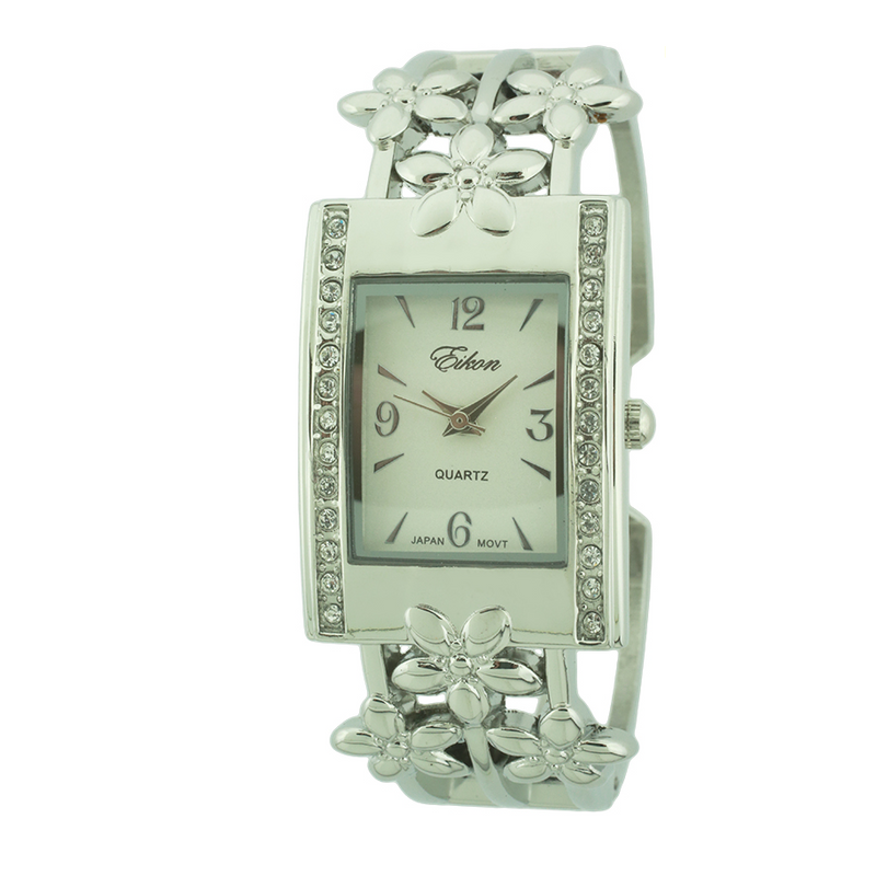 Rectangle Face Cuff Watch with Flower Shape Print