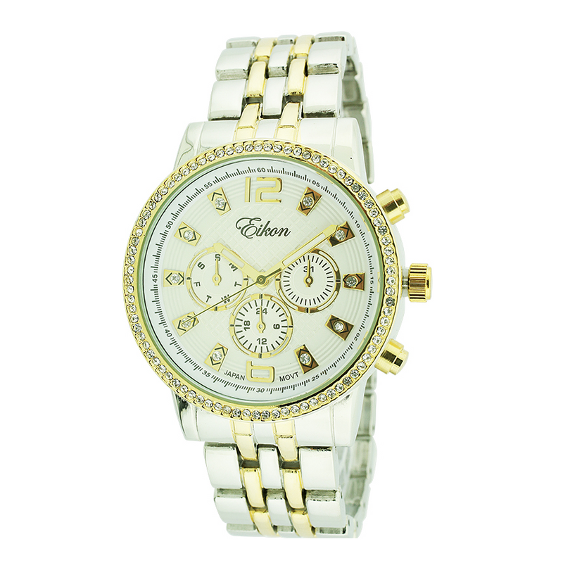 Round Face Stick Dial Link Watch With Stones（Silver）