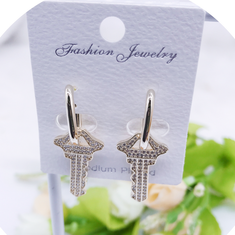 "Key" C.Z Rhodium Plated Crystal Earring