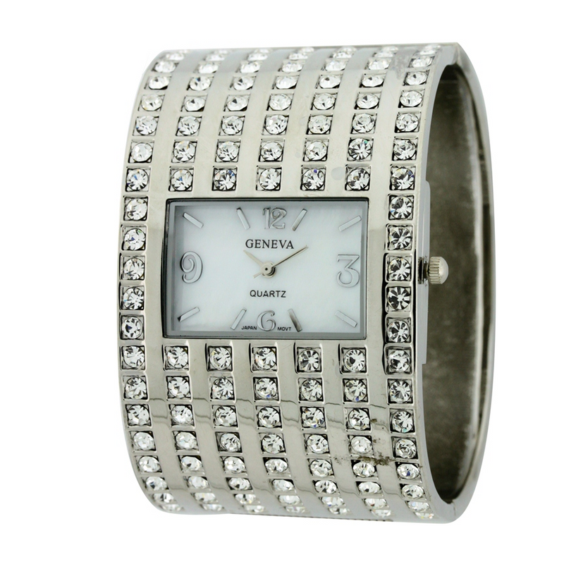 PALATIAL WIDE FACE BANGLE WATCH WITH 7 LINES OF STONE