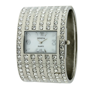 PALATIAL WIDE FACE BANGLE WATCH WITH 7 LINES OF STONE