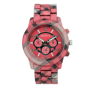 LARGE ROUND FACE MATTE FINISH PLAID PATTERN METAL LINK WATCH