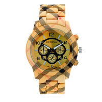 LARGE ROUND FACE MATTE FINISH PLAID PATTERN METAL LINK WATCH