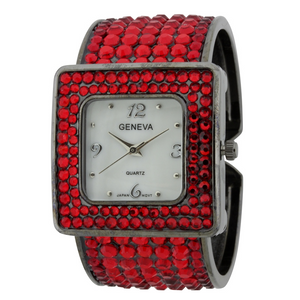 SQUARE FACE GLITTER ROUND STONES FANCY CUFF WATCH