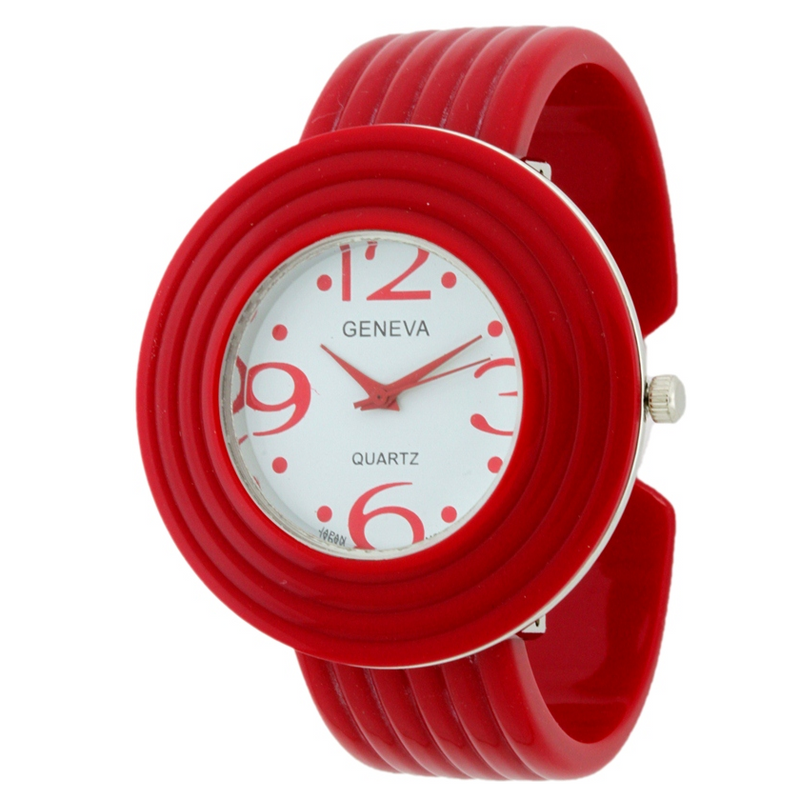 SOLID COLOR STRIPE PATTERN CUFF WATCH(White Face）