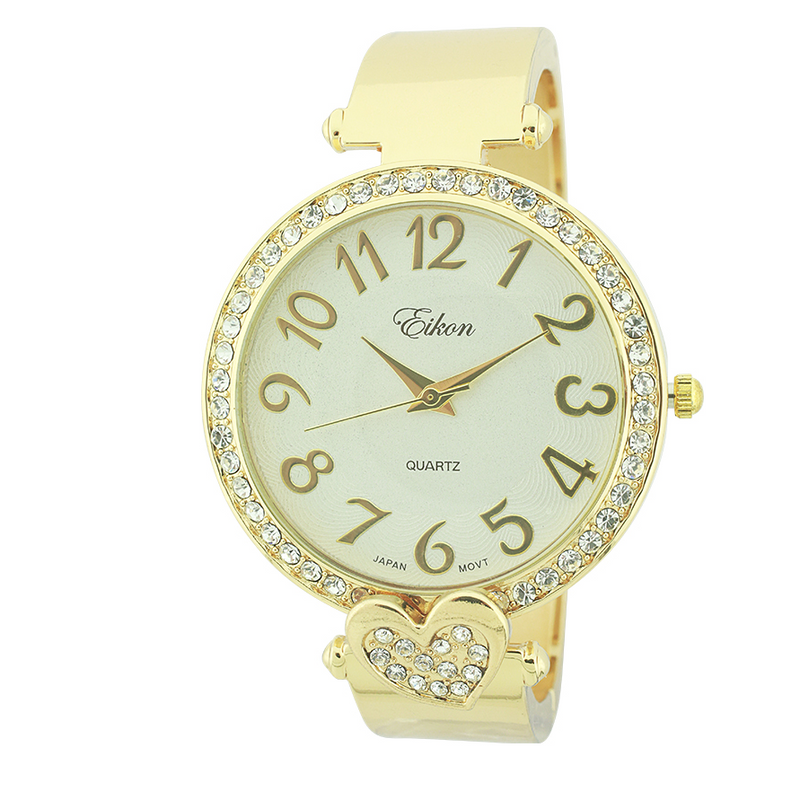 Round Face Arabic Cuff Watch With Heart On Band.